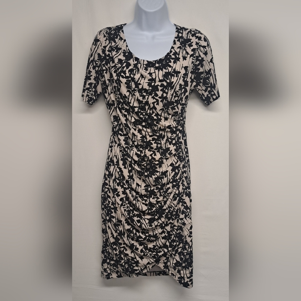 H&M S Slinky Stretch Knit Dress Gathered Ruched Black Ivory Floral Short Sleeve